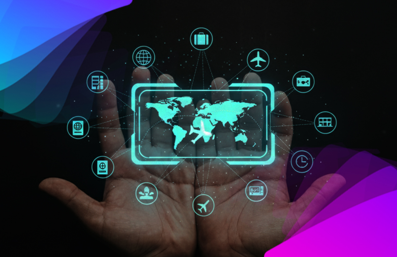 imaginary phone with travel icons coming out around it