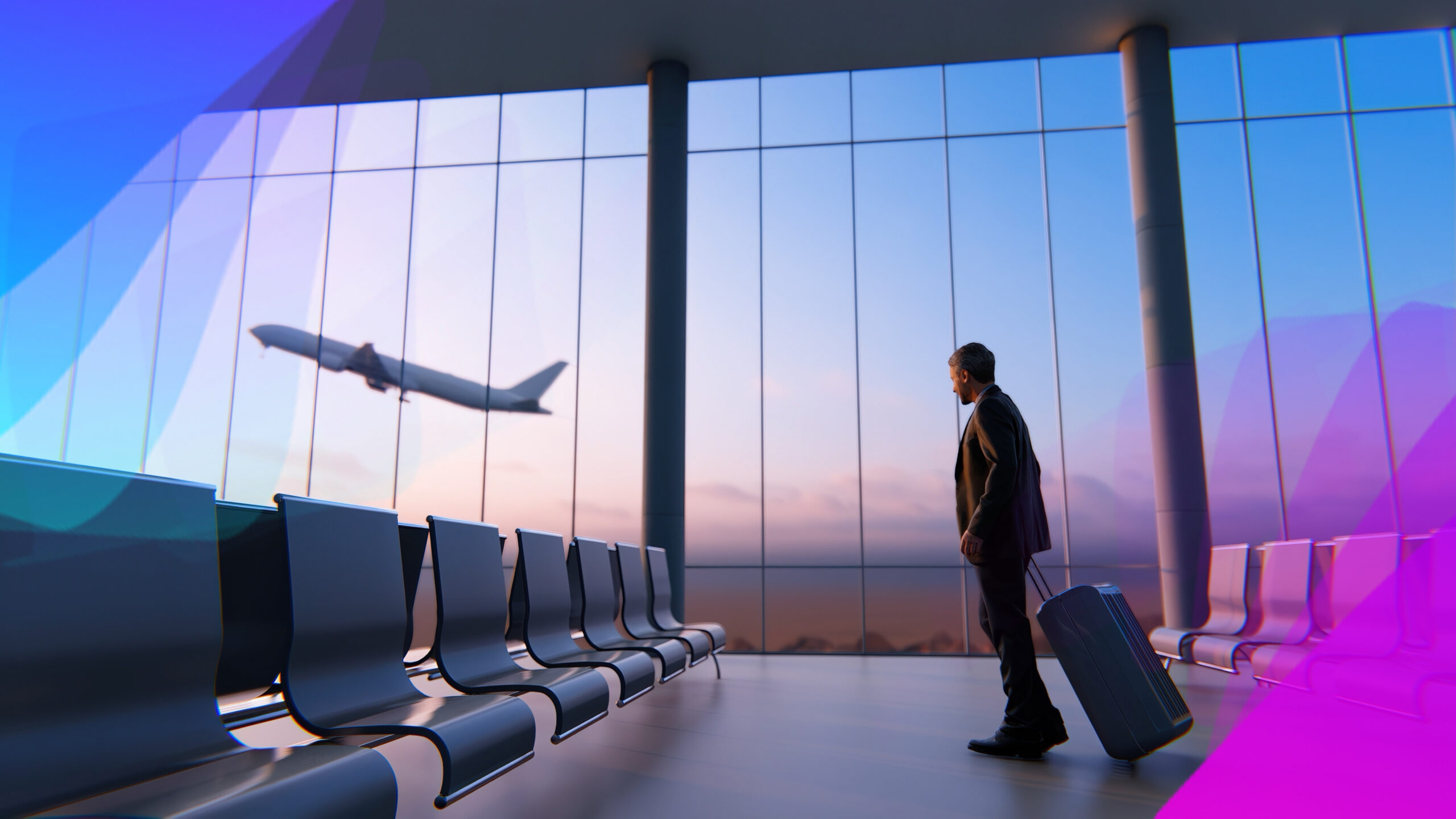 Man in an airport with a suitcase looking out the windo at a airplane taking off